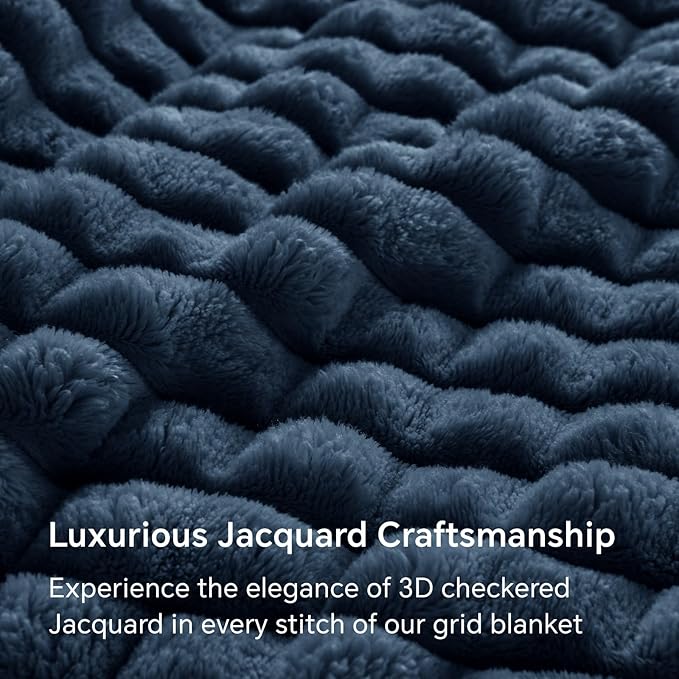 BEDELITE Navy Throw Blanket King Size for Bed- Super Soft and Warm 3D Checkered Fluffy Fuzzy Fleece Blanket, Luxurious Plush Cozy Blanket for Room Decor Fall and Winter, 108x90 inches