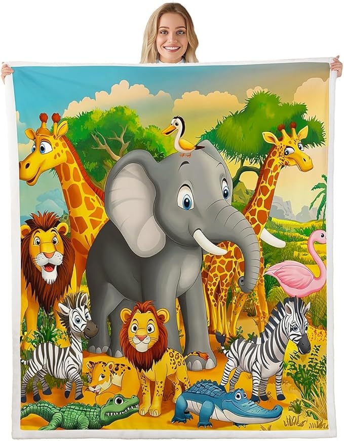Giraffe Fleece Blanket Lemur Rhino Lion Sherpa Blanket Cartoon Safari Animals Blanket Throw for Kids Boys Girls Elephant Hippo Camel Snake Jungle Zoo Fuzzy Blanket Baby 30"x40" Child Room Sofa Decor