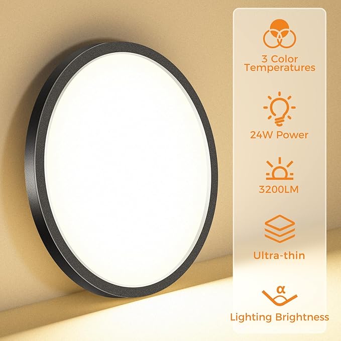 1PACK LED Flush Mount Ceiling Light Fixture, 3000K-4000K-6500K & 100W Equivalent Modern Kitchen Ceiling Lamp 24W 3200Lm 12 Inch Closet Round Surface for Bathroom Laundry Bedroom Hallway, Black
