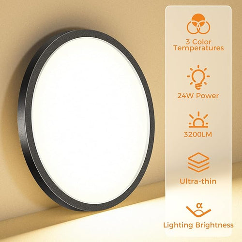 1PACK LED Flush Mount Ceiling Light Fixture, 3000K-4000K-6500K & 100W Equivalent Modern Kitchen Ceiling Lamp 24W 3200Lm 12 Inch Closet Round Surface for Bathroom Laundry Bedroom Hallway, Black
