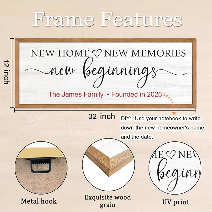 New Home, New Memories, New Beginnings Wall Decor Sign – 32x12 Inch Framed Wooden Sign with Writable Family Name & Year Space, Rustic Farmhouse Housewarming Gift for New Home, Entryway, Living Room, Natural