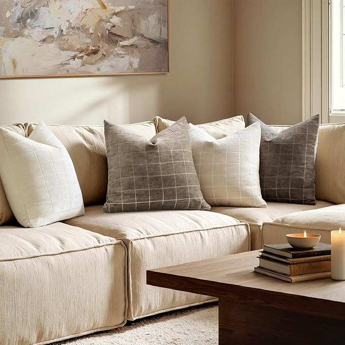 MIULEE Decorative Chenille Check Throw Pillow Covers Vintage Plaid Couch Pillows 16x16 Inch Set of 2 Neutral Boho Farmhouse Cushion Covers Modern Spring Home Decor for Sofa Bed Living Room Taupe Grey