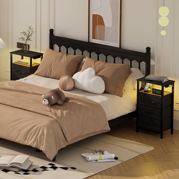 Furnulem Tall Night Stand with Charging Station and Led Light, Small Dresser with Open Shelf and 4 Storage Drawers, Black Side Table Fabric Nightstand for Bedroom, Entryway, Bedside Furniture | and Led Light, Open Shelf, 4 Storage Drawers, for Bedroom,...