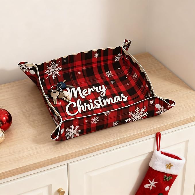 Leather Valet Tray for Women Men Snowflakes Plaid Catchall Trays Leather Storage Organizer Bedside Vanity Trays Nightstand Tray Holder for Keys, Watch, Jewelry, Wallet