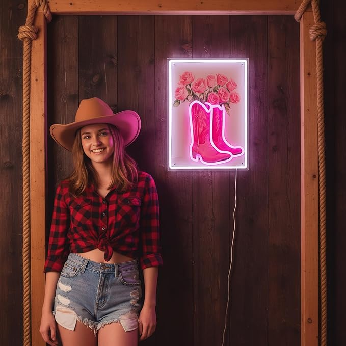 Cowgirl Boot with Flowers Neon Sign for Wall Art Decor, Dimmable Pink White LED Western Wall Light for Home, Bedroom, Game Room, Bar, Party, Birthday Gift for Cowgirls, 16.5 x 12.5 Inch