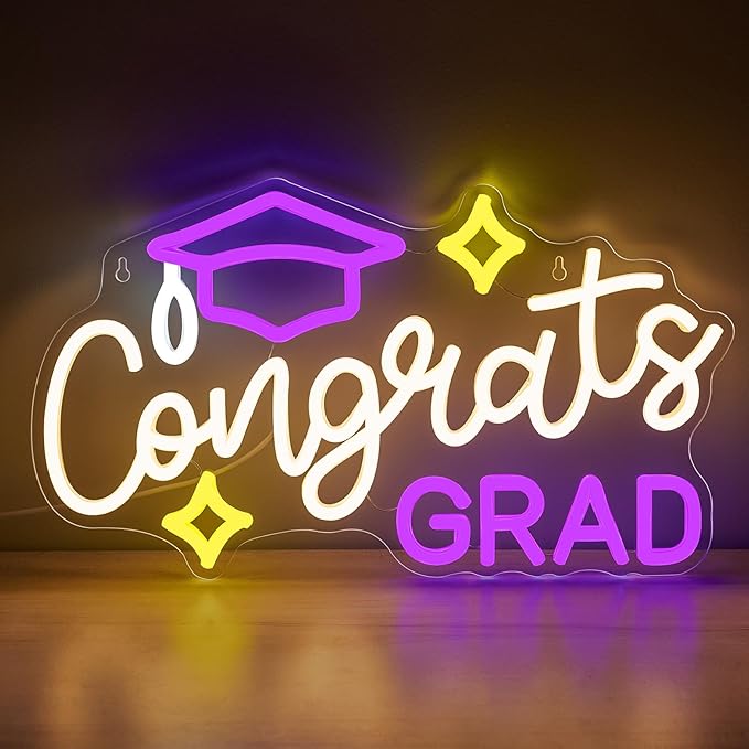 Congrats Grad Neon Sign with Cap - 16.93" x 10.63" Dimmable LED Graduation Light Up Signs Grad Light Sign for Class of 2026 Celebrations, Prom Party, Room Dorm Backdrop, Graduation Gift