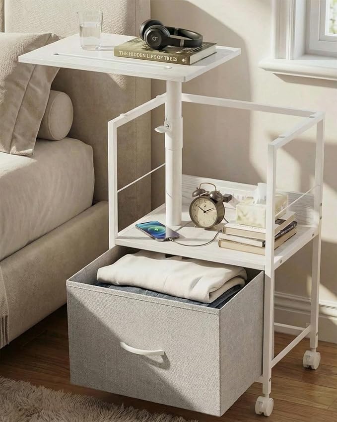 360° Swivel Nightstand with Height Adjustable, Lift Top Bedside Table with Charging Station, Rolling Night Stand with Fabric Drawer, End Table with Wheels, for Bedroom, Living Room, White Gray