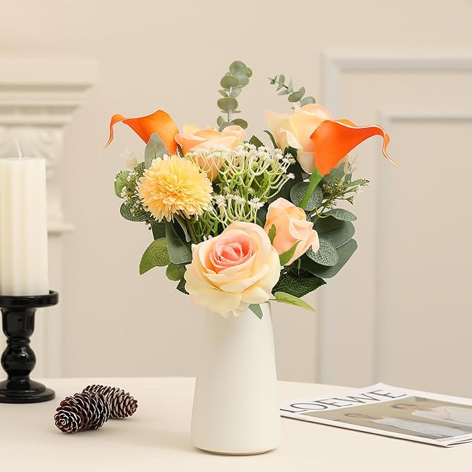 Fake Flowers with a Ceramic Vase, Fake Flower Bouquet in vase, Floral Decor Flower Arrangements for Home Office Farmhouse Bathroom Dining Table Centerpiece Decorations Coffee Table(Champagne)