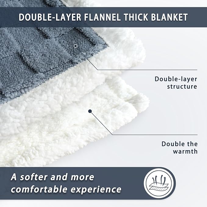 Sherpa Throw Blanket for Couch, Flannel Cozy Soft Thick Blanket for Bed - Fleece, Dirty Blue, 60x80 Inches