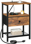 Night Stand with Charging Station, Small Bedside Table with Fabric Drawer, Nightstand with USB Ports & Outlets for Bedroom, Living Room, Brown, HETS010BR-1