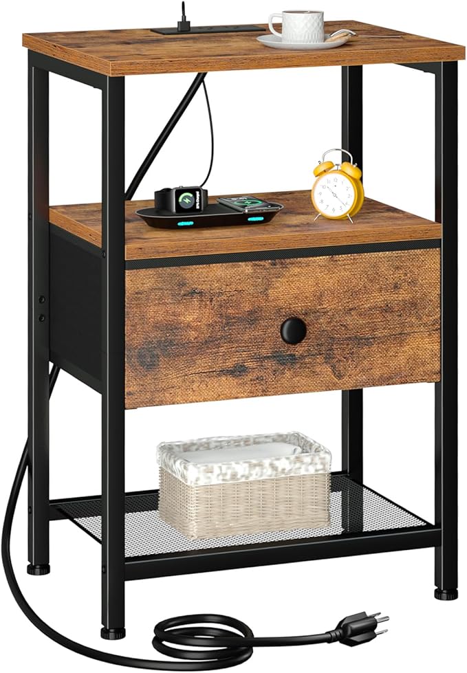Night Stand with Charging Station, Small Bedside Table with Fabric Drawer, Nightstand with USB Ports & Outlets for Bedroom, Living Room, Brown, HETS010BR-1