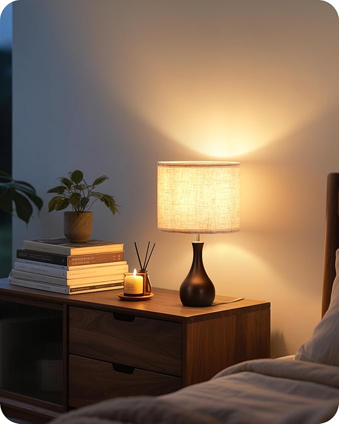 Small Table Lamp, 14.2" Cute Little Desk Lamp, Wood Bedside Lamp with Linen Lampshade, Modern Nightstand Lamp for Bedroom, E26 Base, Bulb Not Included, Beige & Dark Walnut STE09TL05