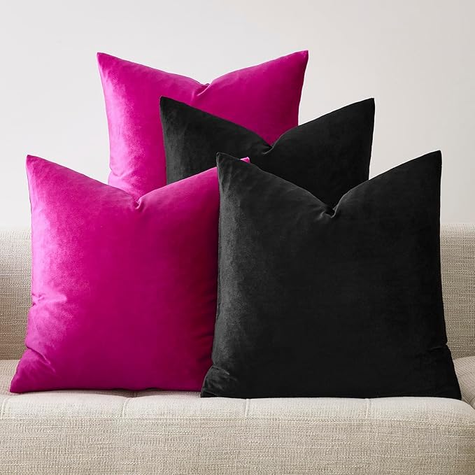 GIGIZAZA Pillow Covers 20x20 Set of 4,Black Hot Pink Velvet Soft Pillow Covers Decorative Square Modern Pillows Cushion Cases for Living Room