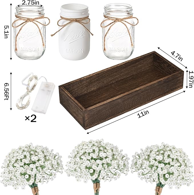 BLEUM CADE Centerpiece Table Decorations - Mason Jar Lights Centerpiece for Kitchen Dining Table Farmhouse Coffee Table Wedding Home Decor with 3 Jars Babys Breath Artificial Flowers & Wood Tray