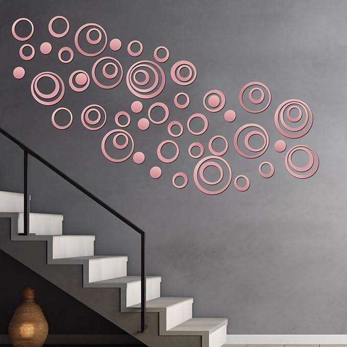 Outus 72 Pieces Acrylic Circle Mirror Wall Sticker Round Wall Decor Decals Removable DIY Adhesive for Living Room Bedroom Home Decoration (Pink)
