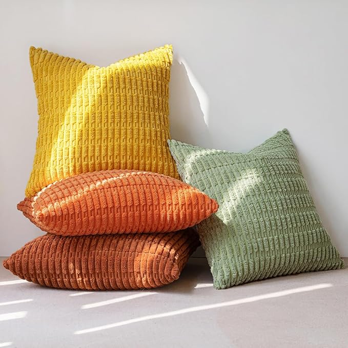 MIULEE Pack of 4 Summer Western Boho Corduroy Decorative Throw Pillow Covers 20x20 Inch Modern Accent Soft Striped Pillow Covers Home Decor for Sofa Living Room Couch Bed Orange Green