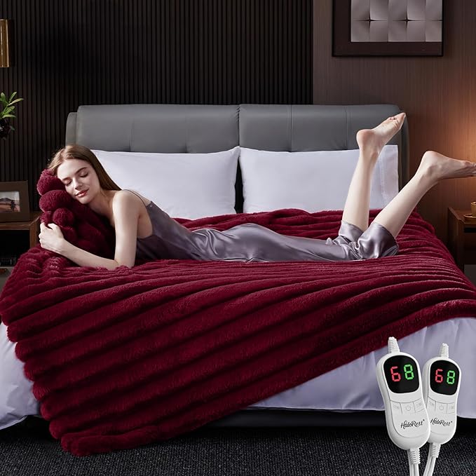 Heated Throw Blanket, Faux Fur Cozy Heating Blanket with Overheat Protection, 1/2/4/6/8 Hours Auto-Off 10 Heat Level, Machine Washable (84x90 Inches, Red)