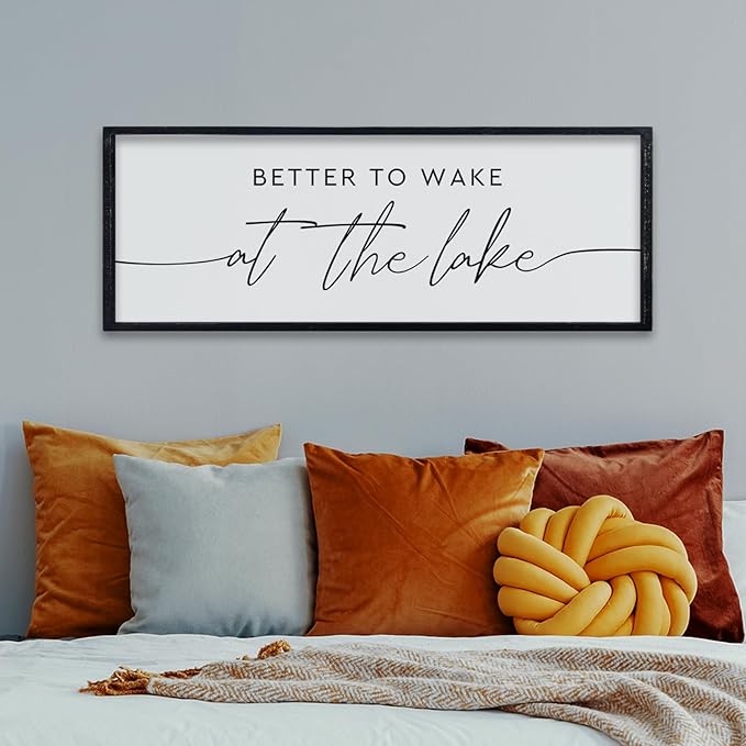 comurdyo Better To Wake At The Lake Above Bed Wall Art Decor 32"×12" for Lake House Bedroom Over Bed Sign Wood Framed Large Wall Hanging (Black)