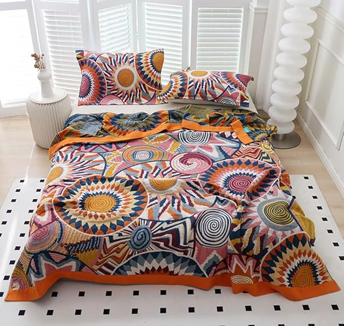 Boho Blanket for Bed 100% Cotton Bohemian Throw Blankets Ultra Soft Woven Muslin Decorative Blankets All Seasons Vintage Quilt Knitted Blanket for Sofa Chair (Colorful, 50"x60")
