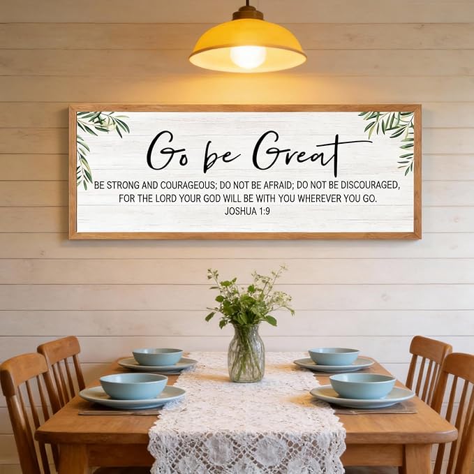 Go Be Great Wall Decor: 40x15 Inch Large Framed Bible Verse Wall Art, Joshua 1:9 Scripture Sign, Christian Wall Decor for Bedroom Living Room, Black Wooden Frame, Natural