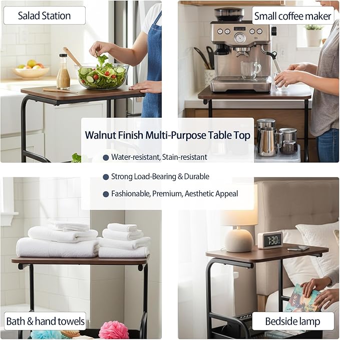 3-Tier Metal Rolling Cart with Walnut-Textured Table Top,Utility Cart with Wheels for Bedside, Living Room, Kitchen,Office & Bathroom Storage