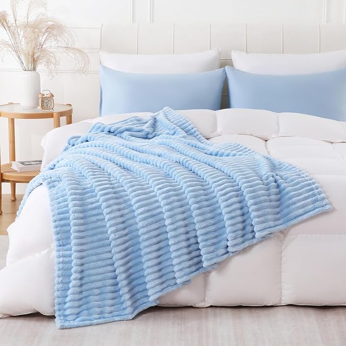 Light Blue Throw Blanket for Couch Sofa 60x80 inches Striped Fleece Blankets Room Home Decor Lightweight Plush Soft Cozy Gifts for Women Mom Girls