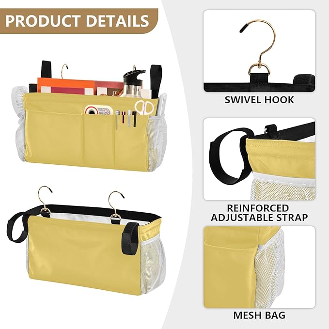 Lemon Yellow Bedside Caddy Storage Bag Bedside Organizer for Dorm Room Top Bunk Bed Hanging Bag Bedside Shelf 6 Pockets with Hooks for Glasses Book Tablet Holder