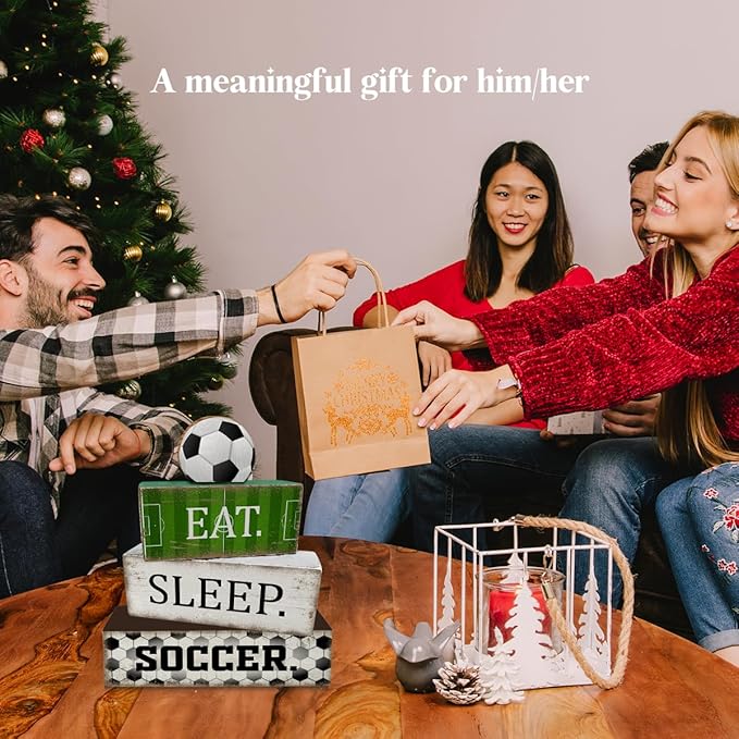 4 Pcs Soccer Table Decorations Wooden Tabletop Tiered Tray Decor Rustic Soccer Wood Block Sign Gift Table Centerpiece for Birthday Party Home Teens Room Desktop Shelf