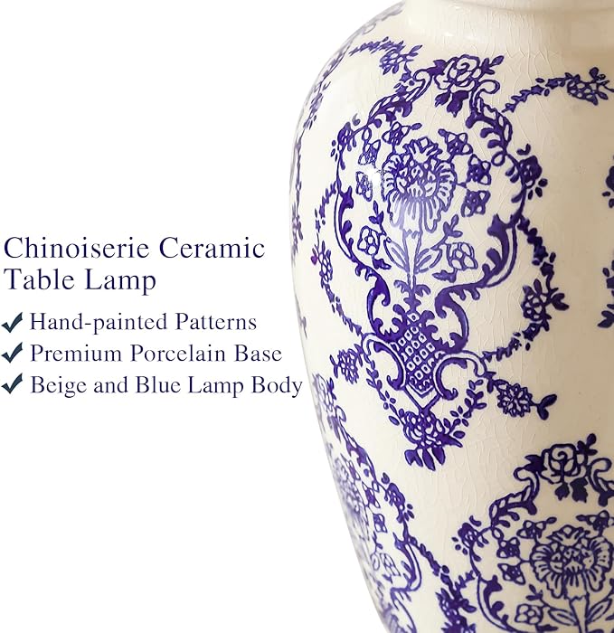 RORIANO Chinoiserie Ceramic Small Table Lamps Set of 2 for Living Room Bedroom Bedside, Traditional Beige and Blue Porcelain Classic Table Lamp for Nightstand Entryway, 2 LED Bulbs Included