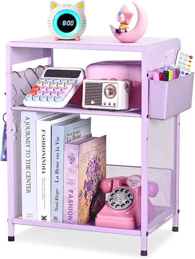 Kids Nightstand, 3-Tier Metal Side Table with Adjustable Storage Shelf, Basket & 3 S-Hooks, Small Bedside Table for Nursery, Toddler Bedroom and Small Spaces (Purple)