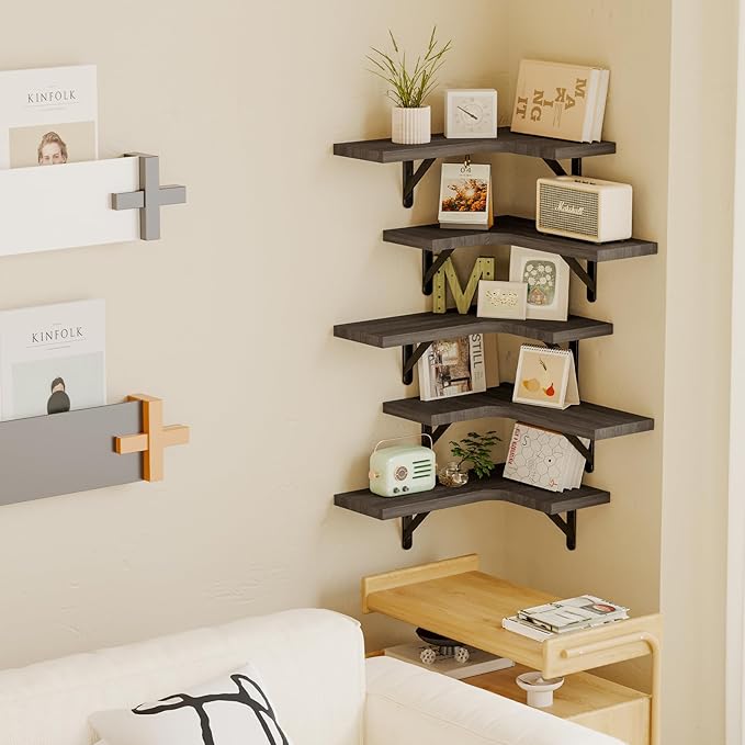 Fixwal Floating Shelves for Wall, Rustic Wood Wall Mounted Corner Shelf for Bathroom, Kitchen, Bedroom, Home Decor, Laundry Room, Living Room, Set of 5 (Weathered Grey)