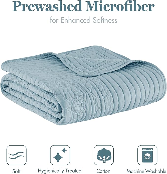 Madison Park Luxe Quilted Throw Blanket - Damask Stitching Design, Cotton Filled Spread, Ultra Soft, Cozy Bedding for Living Room Couch, Sofa, Bed, 60x72, Scalloped-Border Blue