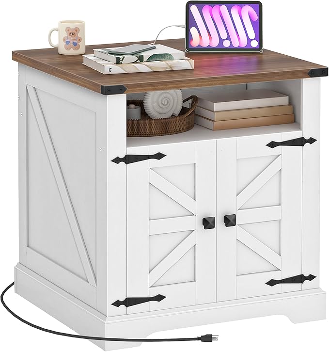 HOOBRO Farmhouse End Table with Charging Station, 23.6" Large End Tables for Living Room, Sofa Side Table with Barn Door, Wooden Square Nightstand Bedside Table, Flip Top, White and Walnut WH601UBZ01