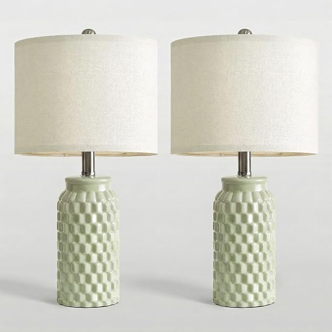 20.5" Small Bedside Lamps Set of 2 with 5FT Cord, Green Ceramic Modern Farmhouse Table Lamps for Nightstand, Living Room, Bedroom, 3D Honeycomb Stylish End Table Lamps(Bulb Not Included)