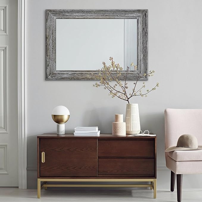 Large Rustic Wall Mirror with Wood Frame Farmhouse Rectangle Mirrors 26"x18" Decorative for Bathroom Bedroom Living Room Home Entryway