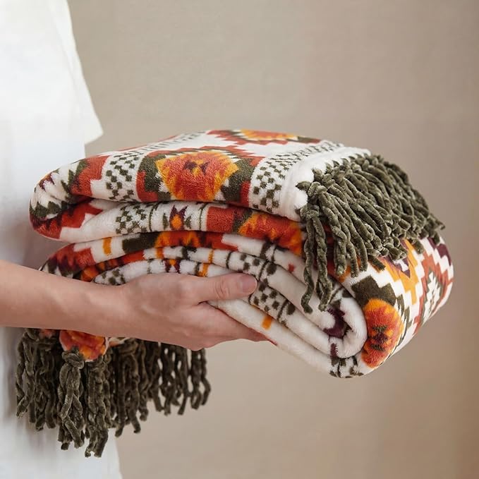 CASAAGUSTO Boho Throw Blanket - Orange and Green Decorative Blankets with Tassel, Printed Flannel Bohemian Blanket for Chair, Bed, Sofa, Couch(50 * 60, Orange and Green)