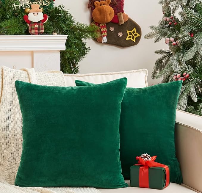 Pack of 2 Christmas Green Pillow Covers 18x18 Inch Decorative Throw Pillow Cover, Velvet Emerald Pillowcases for Couch Sofa Bed, Home Boho Decor, Modern Soft Cushion Covers