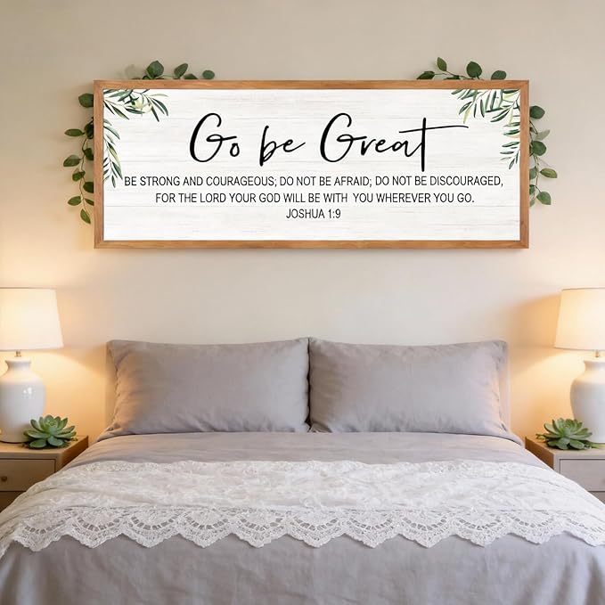 Go Be Great Wall Decor: 40x15 Inch Large Framed Bible Verse Wall Art, Joshua 1:9 Scripture Sign, Christian Wall Decor for Bedroom Living Room, Black Wooden Frame, Natural