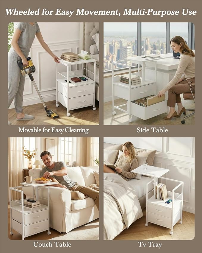 360° Swivel Nightstand with Height Adjustable, Lift Top Bedside Table with Charging Station, Rolling Night Stand with 2 Fabric Drawers, End Table with Wheels, for Bedroom, Living Room, White