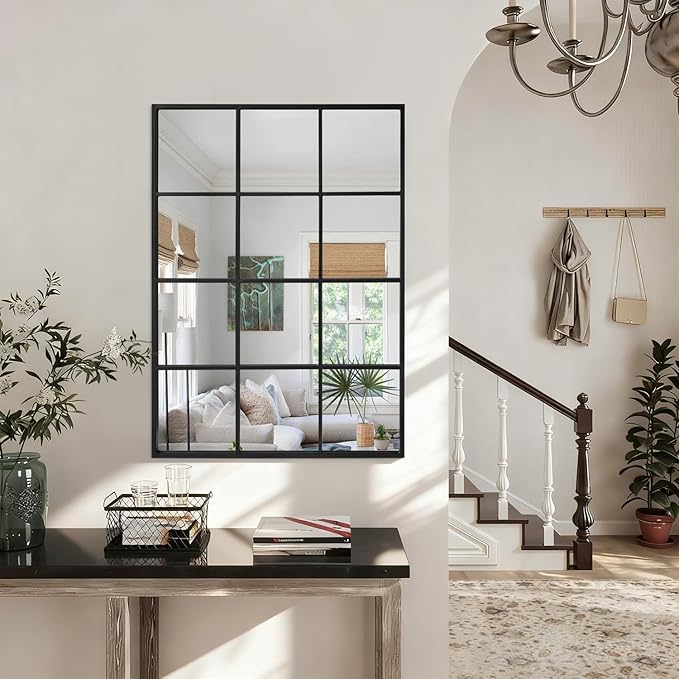 Black Rectangle Mirror, Metal Framed Wall Mounted Mirror Modern Artistic Decorative Mirrors for Living Room Bedroom Entryway, 18x26 Inch Decor