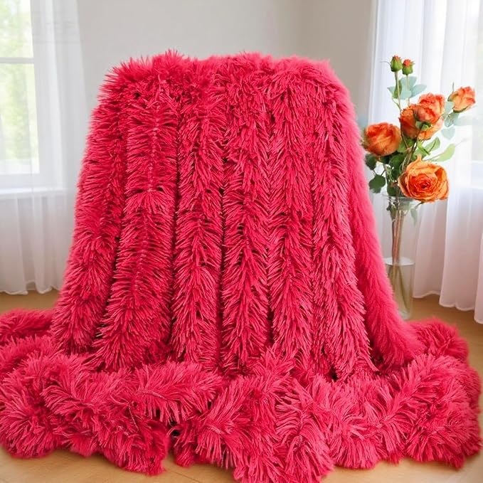 Plush Super Soft Blanket Bedding Sofa Cover Furry Fuzzy Fur Warm Throw Qulit Cozy Couch Blanket for Winter (63"x79", Pure Red)
