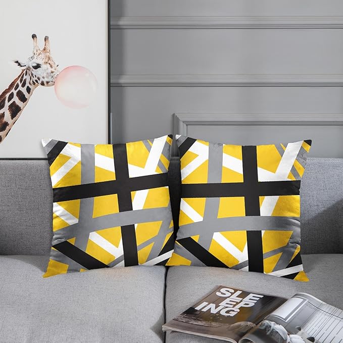 Emvency Set of 2 Throw Pillow Cover Yellow Black Stripes Grey White Design Retro Decorative Pillow Case Striped Home Decor Square 16x16 Inch Cushion Pillowcase
