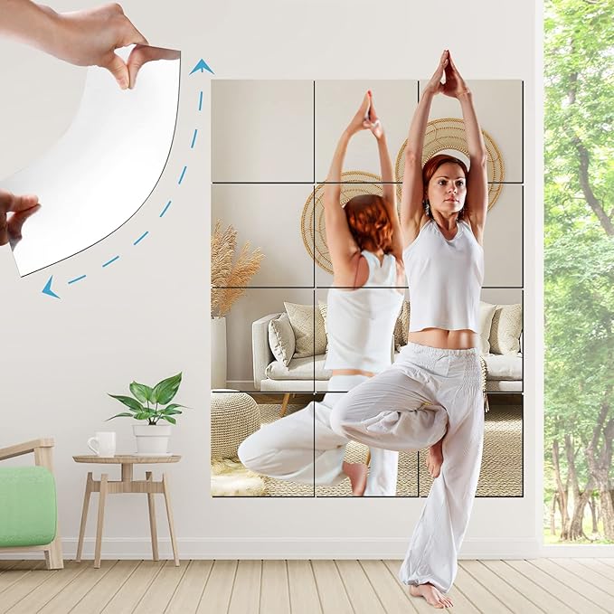 SLDIYWOW Wall Mirror Full Length, 4Pcs Full Body Mirror for Bedroom, Safety Unbreakable Mirror Great for Baby Kids Toddler, Full Body Mirror Tiles for Bedroom, Home Gym, Living Room