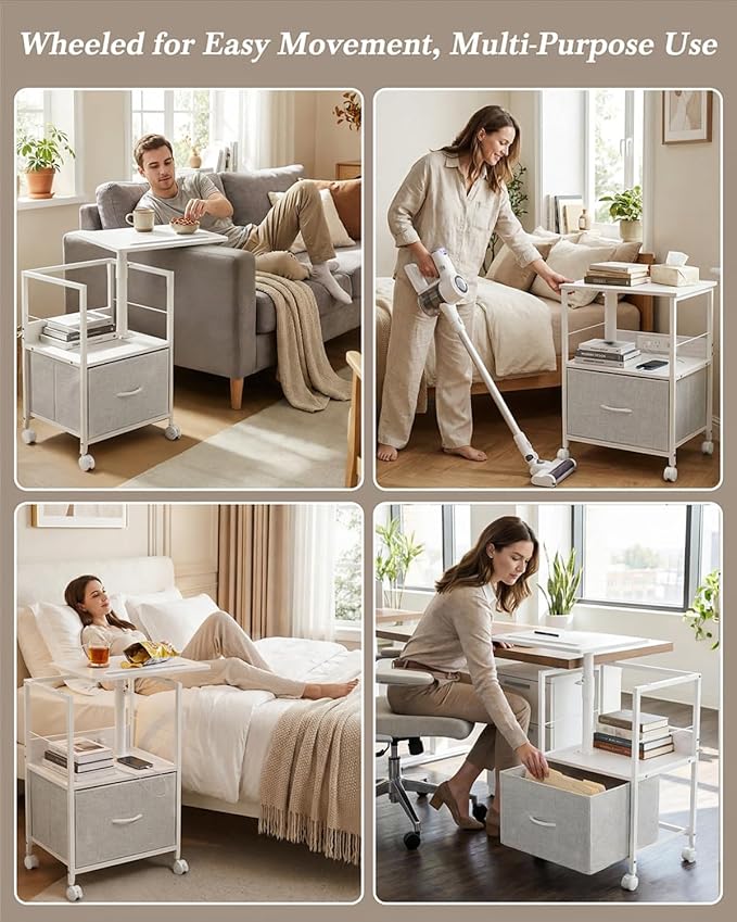 360° Swivel Nightstand with Height Adjustable, Lift Top Bedside Table with Charging Station, Rolling Night Stand with Fabric Drawer, End Table with Wheels, for Bedroom, Living Room, White Gray