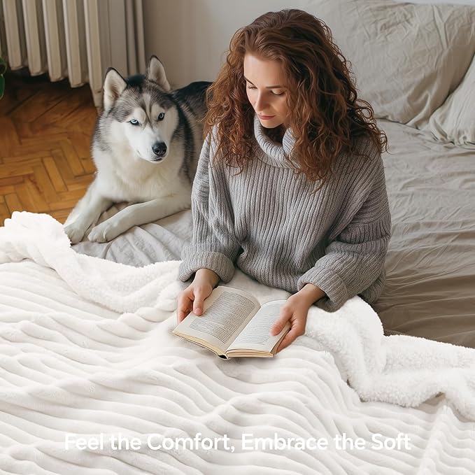INFIIXSO Sherpa Fleece Queen Size Blanket - Super Soft & Warm Striped Fleece, Cozy Plush Fluffy Large Bed Blanket All Season Use (Off White, 90x90 Inches)