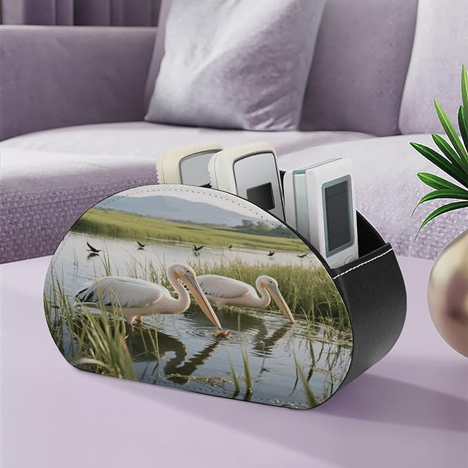 2 Pelicans Remote Control Holder Organizer Box with 5 Compartment PU Leather Bedside Storage Caddy Remote Organizer for Controller Media Player Pen/Pencil Storage