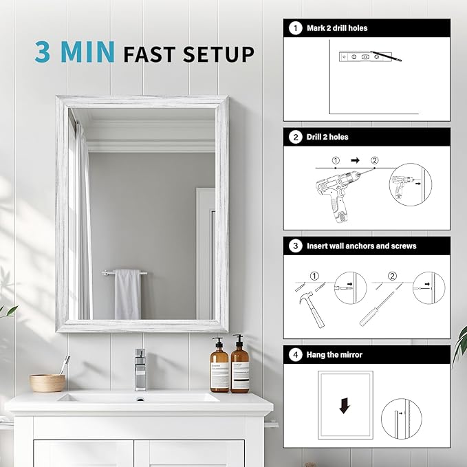 White Wood Effect Framed Wall Mirror, 16x20 Rectangle Mirror, 1/8" Anti-desilvering Tempered Glass, Sustainable& Sturdy Frame, Anti-Rust, HD Reflection &3min Fast Setup for Bathroom Living Room