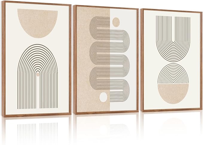CHDITB Mid-Century Modern Framed Canvas Wall Art Set Of 3, Neutral Art Boho Wall Decor, Beige Geometric Wall Painting, Abstract Minimalist Art Prints For Living Room, Bedroom (12X16 Inch)