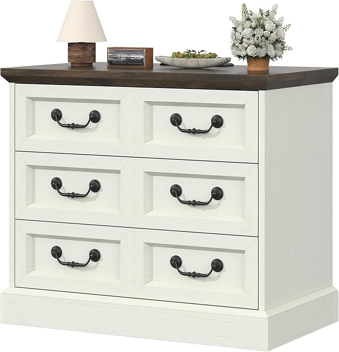 Farmhouse Nightstand with Charging Station, 27.6" Wide White Wood Nightstand with 3 Drawers Organizer, Larger Side Table End Table with Storage, Modern Night Stand for Bedroom, Living Room
