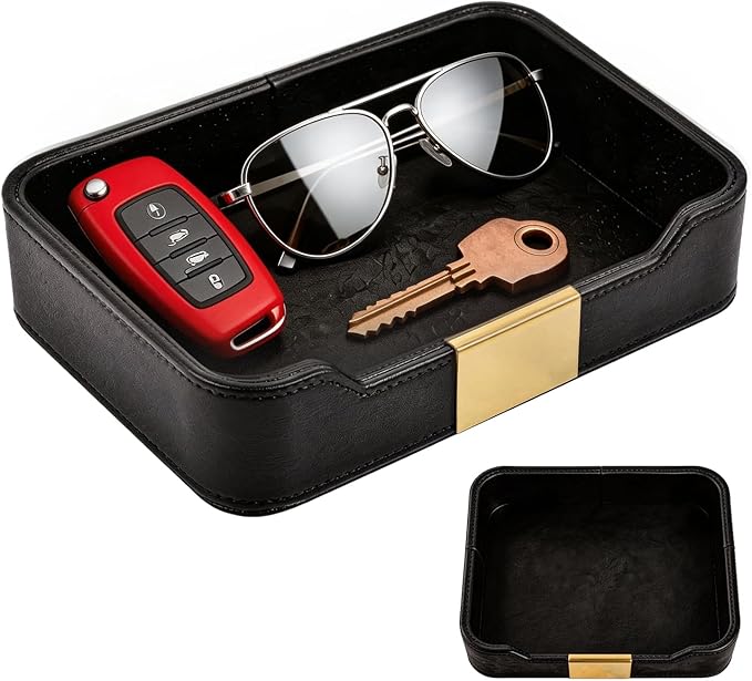 Black Leather Valet Tray - Multi-Use Nightstand Tray, Decorative Tray for Jewelry, Perfume, and Accessories Storage (Black)